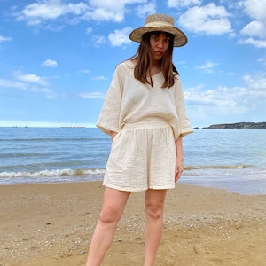 Gauze Muslin Shorts, High Waist Cotton Summer Shorts with Pockets