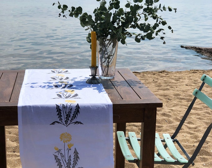 Block Printed Linen Table Runner, White Runner With Herb Motifs, Great Housewarming Gifts for Women, Best Gifts for Wife