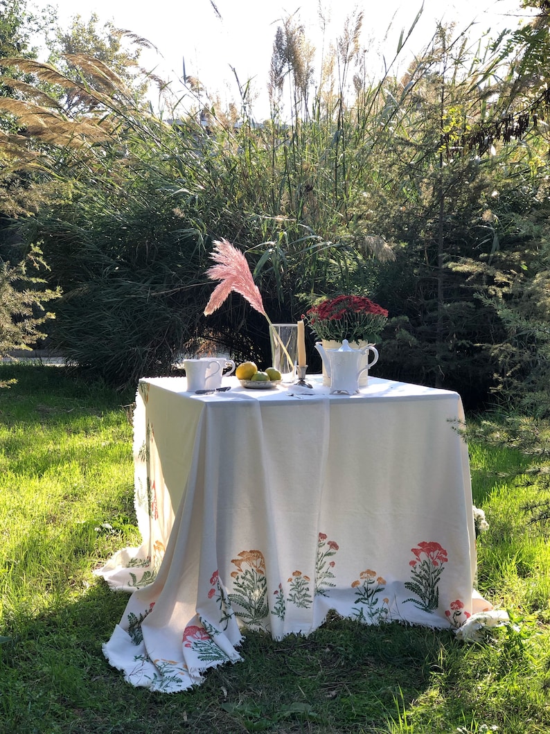 Hand Painted Tablecloth, Floral Cotton Dinner Tablecloth, Thanksgiving Table Settings, Custom Size, Mothers Day Gift, Housewarming Gift image 2