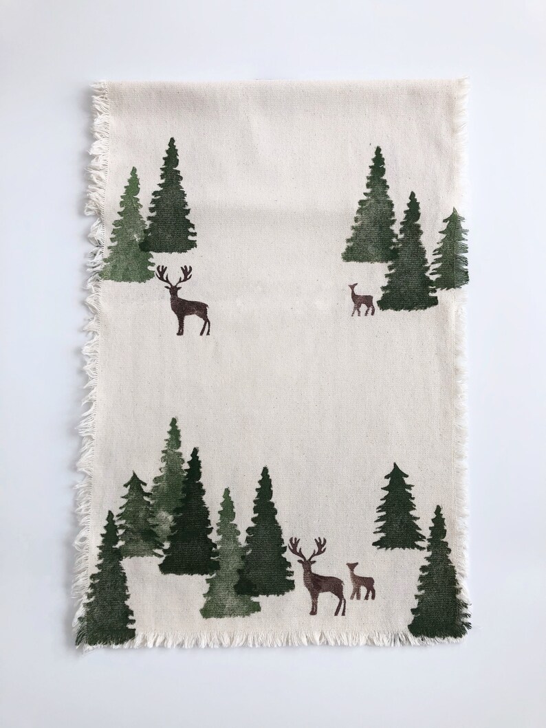 Christmas Cotton Table Runner, Handprinted Winter Table runner, Custom Table Runner, Pine printed runner, Table Decoration, Christmas Gift image 5