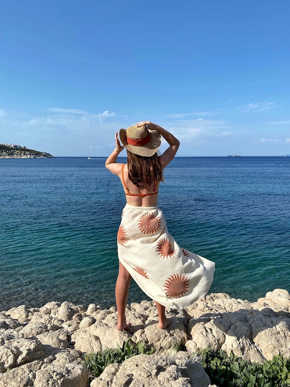 Block Printed Cotton Sarong Skirt, Handwoven Pareo, Anatolian Artisan Fabric
