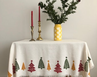 Christmas Tablecloth, Handprinted Cotton Tablecloth, Colorful Christmas Tree, Dinner Tables, Mom Gift, Gift for women, Holiday gift