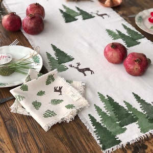 Christmas Cotton Table Runner, Handprinted Winter Table runner, Custom Table Runner, Pine printed runner, Table Decoration, Christmas Gift image 2