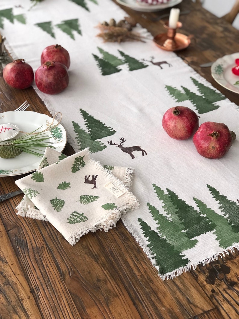 Christmas Cotton Table Runner, Handprinted Winter Table runner, Custom Table Runner, Pine printed runner, Table Decoration, Christmas Gift image 2