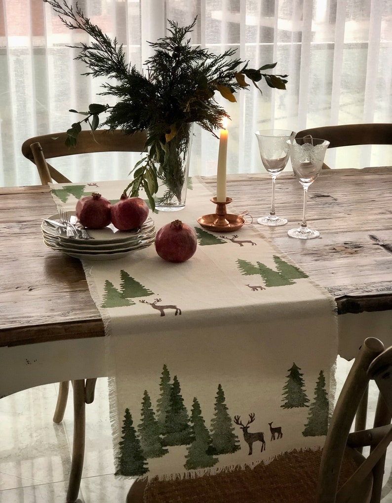 Christmas Cotton Table Runner, Handprinted Winter Table runner, Custom Table Runner, Pine printed runner, Table Decoration, Christmas Gift image 6