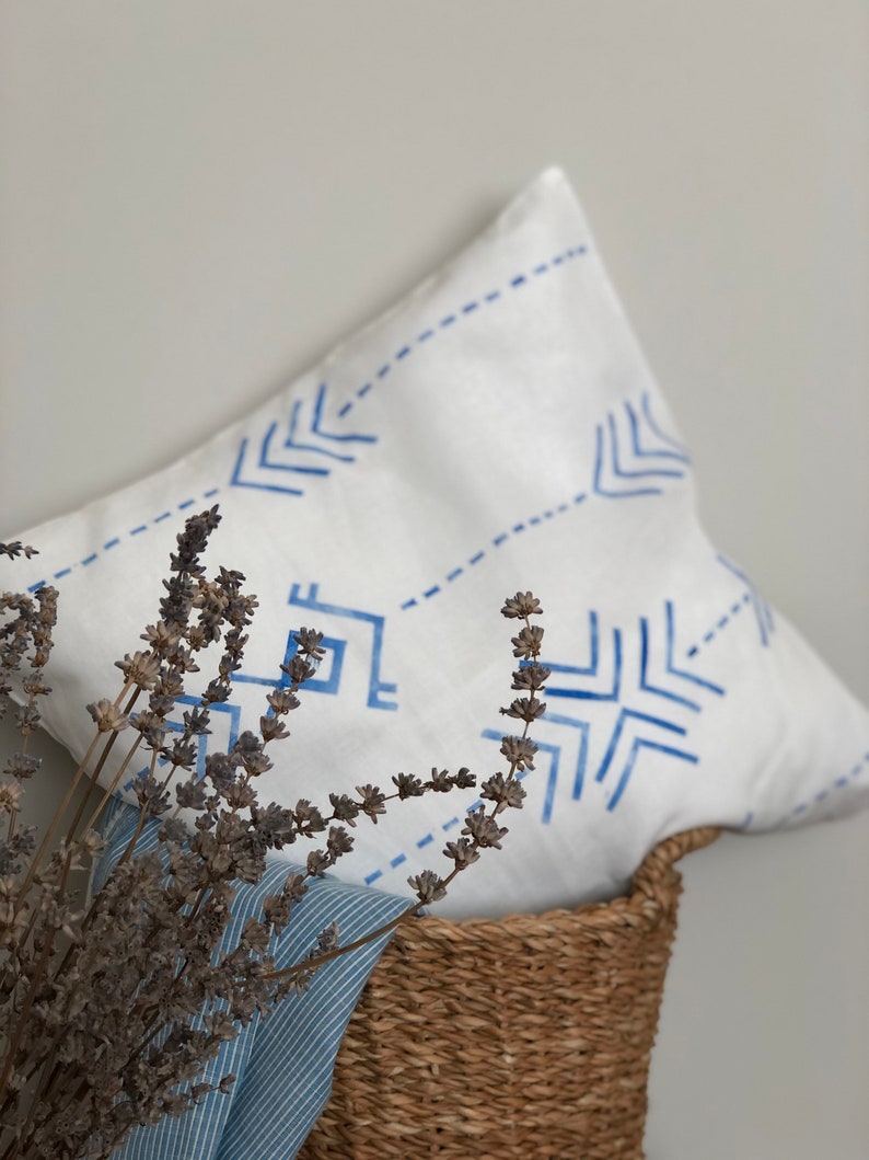 Block Printed African Style Linen Pillow Cover, Handprinted Geometric Decorative Pillow Case, Boho Cushion, Mothers Day Gift, Gift for Mum image 4