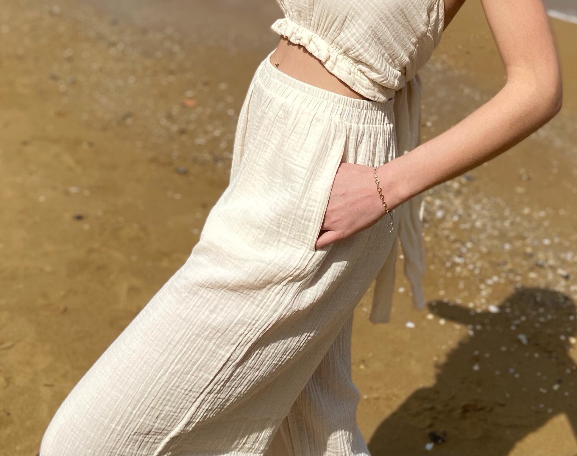 Crinkled Muslin Palazzo Pants, High Waist Gauze Cotton Wide Leg Pants with Pockets