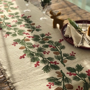 Holly and Pine Cotton Handprinted Table Runner, Housewarming Table Runner, Gift Ideas ,Dinner Tables, Mothers day gift, Hallowen Gift image 7