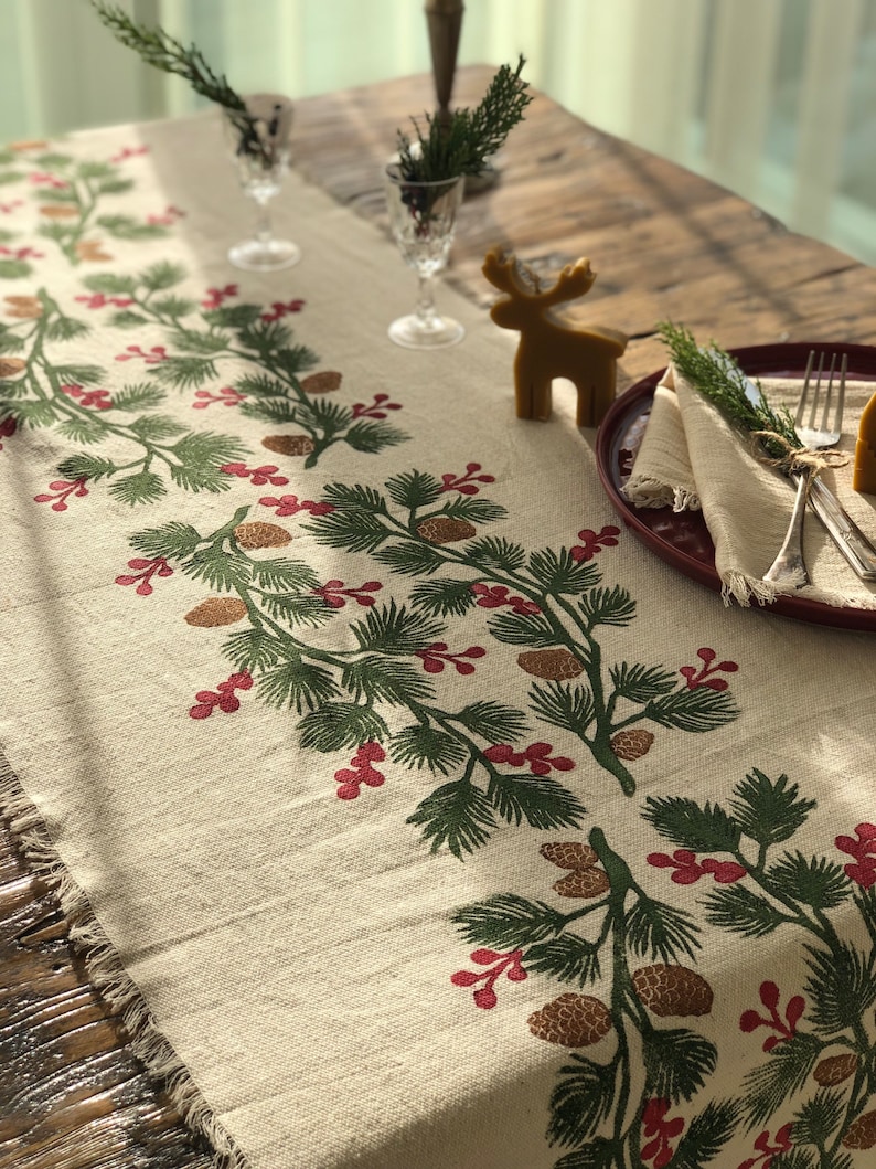 Holly and Pine Cotton Handprinted Table Runner, Housewarming Table Runner, Gift Ideas ,Dinner Tables, Mothers day gift, Hallowen Gift image 7