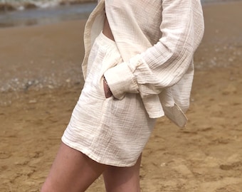 Gauze Muslin Shorts, High Waist Cotton Summer Shorts with Pockets
