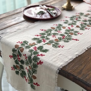 Holly and Pine Cotton Handprinted Table Runner, Housewarming Table Runner, Gift Ideas ,Dinner Tables, Mothers day gift, Hallowen Gift image 3