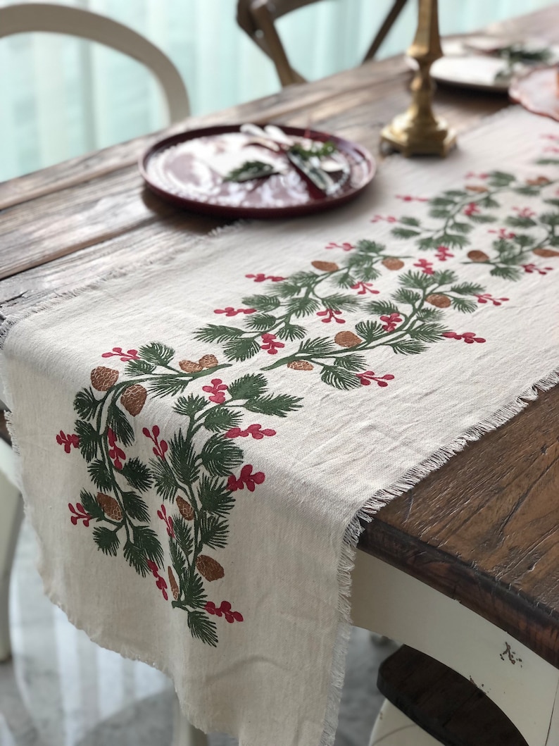 Holly and Pine Cotton Handprinted Table Runner, Housewarming Table Runner, Gift Ideas ,Dinner Tables, Mothers day gift, Hallowen Gift image 3