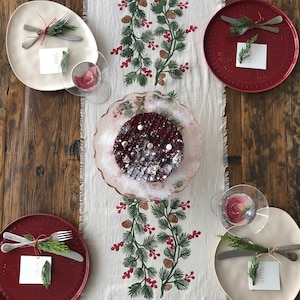 Holly and Pine Cotton Handprinted Table Runner, Housewarming Table Runner, Gift Ideas ,Dinner Tables, Mothers day gift, Hallowen Gift image 2