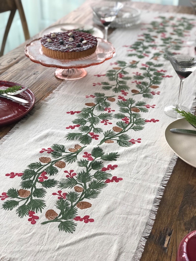 Holly and Pine Cotton Handprinted Table Runner, Housewarming Table Runner, Gift Ideas ,Dinner Tables, Mothers day gift, Hallowen Gift image 4