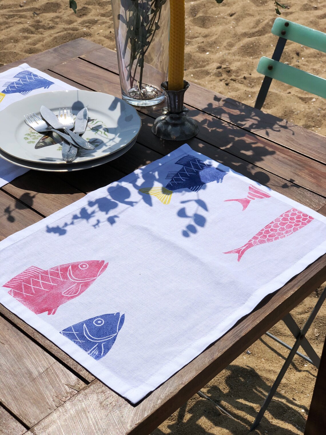 Handprinted Colourful Fish Design Linen Placemats Summer Etsy