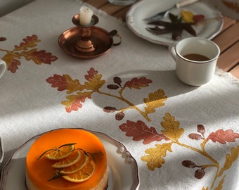 Acorn Cotton Table Runner, Handprinted Fall Table Runner, Unique Housewarming Gifts for Friends, Thanksgiving Dinner Decor, Gifts for Wife