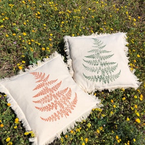 Handprinted Fern Cotton Throw Pillow Cover, Terra Cota / Green Fern Cushion, Farm House Home Decor, Throw Pillow, Mothers Day Gift