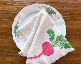 Root Vegetables Table Napkins, Handprinted Cotton Table Napkin, Set of 2,4,6,8 , Farm House Kitchen Decor, Make Your Own Set, Mothers Day