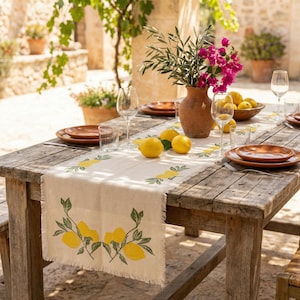 Runner da tavolo in cotone con stampa di limoni, decorazione per il Ringraziamento in ecrù stampata a mano