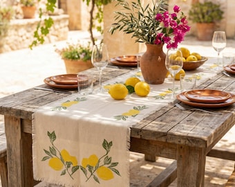 Camino de mesa de algodón con estampado de limones, decoración de Acción de Gracias en color crudo estampada a mano