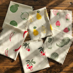 Cherry, Avocado, Strawberry, Chili Pepper, Pear, Apple Tea Towel Set, Fruit Handprinted Cotton Dish Cloth, Set of 2,4,6, Mothers Day Gift,