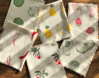 Cherry, Avocado, Strawberry, Chili Pepper, Pear, Apple Tea Towel Set,Fruit Handprinted Cotton Dish Cloth, Set of 2,3,4,5, Mothers Day Gift,