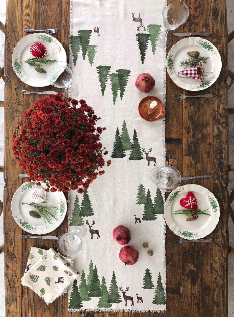 Christmas Cotton Table Runner, Handprinted Winter Table runner, Custom Table Runner, Pine printed runner, Table Decoration, Christmas Gift image 4