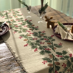 Holly and Pine Cotton Handprinted Table Runner, Housewarming Table Runner, Gift Ideas ,Dinner Tables, Mothers day gift, Hallowen Gift image 1