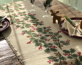 Holly and Pine Cotton Handprinted Table Runner, Housewarming Table Runner, Gift Ideas ,Dinner Tables, Mothers day gift, Hallowen Gift