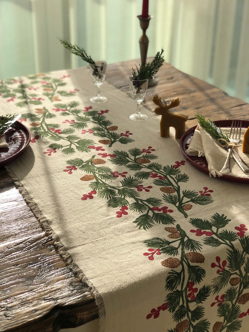 Holly and Pine Cotton Handprinted Table Runner, Housewarming Table Runner, Gift Ideas ,Dinner Tables, Mothers day gift, Hallowen Gift image 1