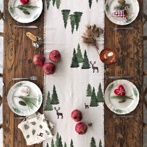 Christmas Cotton Table Runner, Handprinted Winter Table runner, Custom Table Runner, Pine printed runner, Table Decoration, Christmas Gift