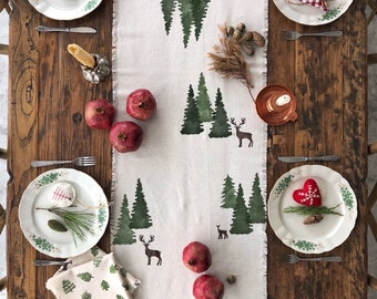 Christmas Cotton Table Runner, Handprinted Winter Table runner, Custom Table Runner, Pine printed runner, Table Decoration, Christmas Gift