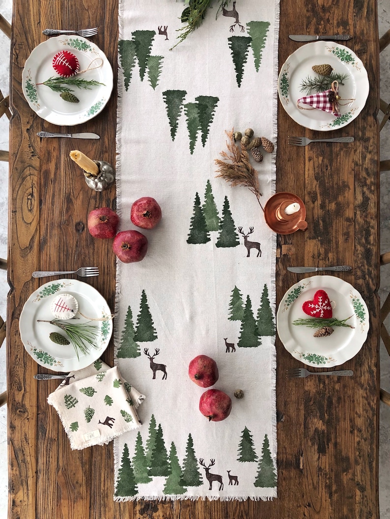 Christmas Cotton Table Runner, Handprinted Winter Table runner, Custom Table Runner, Pine printed runner, Table Decoration, Christmas Gift image 1
