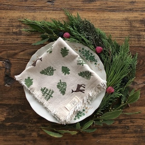 Christmas Handprinted Pine Tree Cloth Napkins, Holiday Table Setting