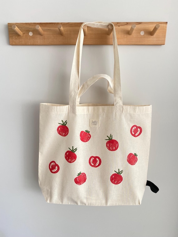 Handprinted Tomato Cotton Tote Bag – Foldable Grocery Shopper