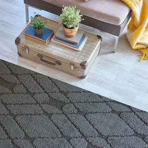 May include: A vintage suitcase serves as a coffee table, topped with books and potted plants. A gray patterned rug covers the floor, and a gray and pink bench with a yellow blanket and patterned pillow are in the background. The scene is a cozy living room.