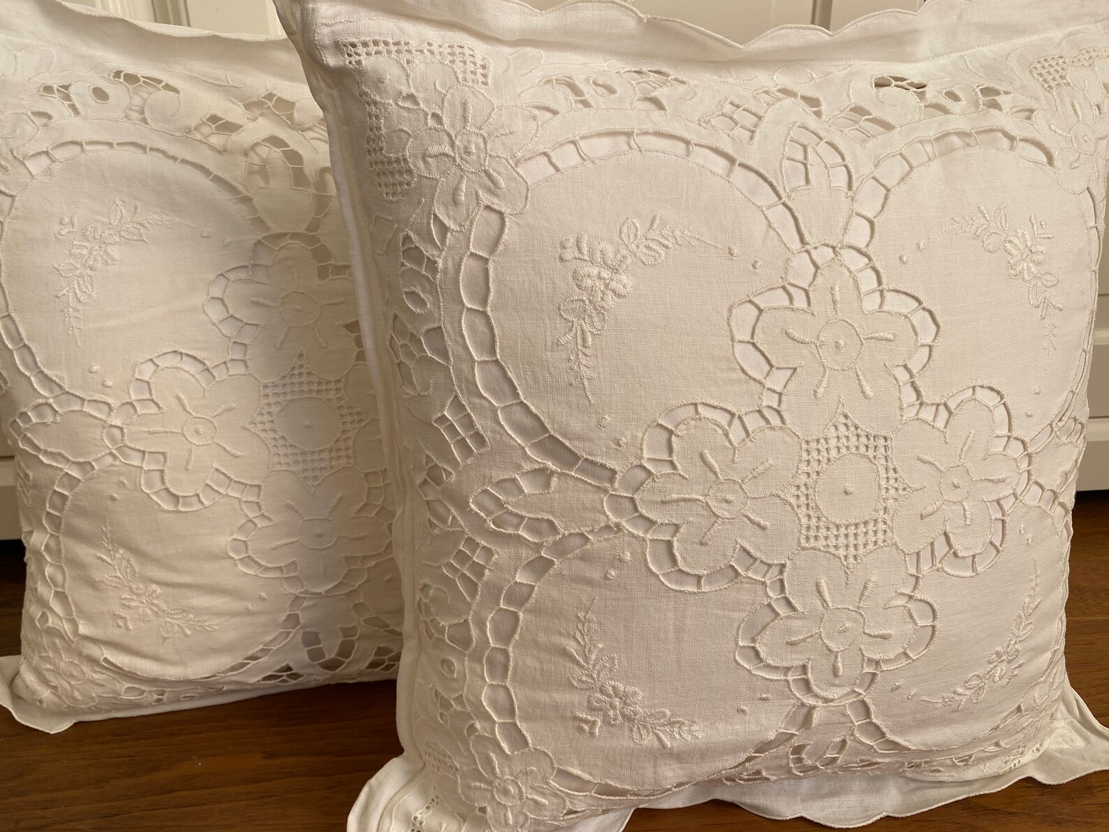 2 White Eyelet Lace Pillows with Down Inserts Etsy