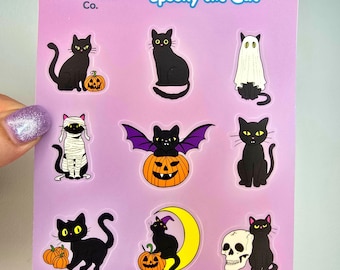 Spooky Black Cat Sticker Sheet: Fall Halloween Vinyl Decals