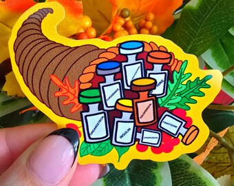 Thanksgiving Medication Cornucopia Sticker | Medical Humor Nurse Gift