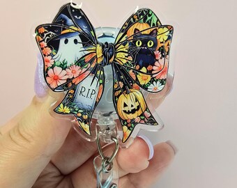Halloween Bow Badge Reel: Spooky Ghost, Black Cat, Pumpkin