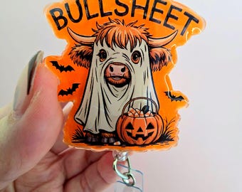 Bull Sheet Highland Cow Ghost Badge Reel | Halloween Nurse Badge Holder