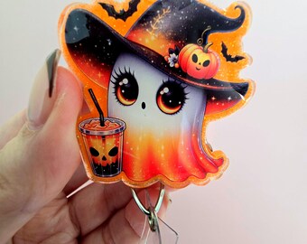 Glitter Orange Ghost Badge Reel: Halloween Iced Coffee Ghost