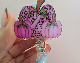 Pink Ribbon Pumpkin Badge Reel | Breast Cancer Awareness