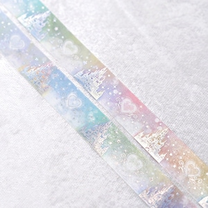 Magischer Morgen | Schloss 15 mm Washi Muster | Silber irisierender holografischer folierter Herz-Königreich-Pastell-Aquarell-Regenbogen-Farbverlauf-Wolken-Himmel