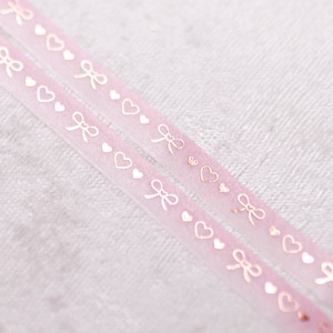 Pink Rose Hearts & Bows | 7mm Washi Sample | rose gold foil thin washi tape gold washi tape gold foil washi tape pretty tape aesthetic tape