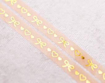 Mango Orange Hearts & Bows | 7mm Washi Sample | Gold washi tape gold foil washi tape thin washi tape pen pal pretty tape aesthetic tape