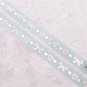 Aqua Rose Hearts & Bows | 7mm Washi Sample | Rose gold foil thin washi tape gold washi tape gold foil washi tape samples aesthetic tape
