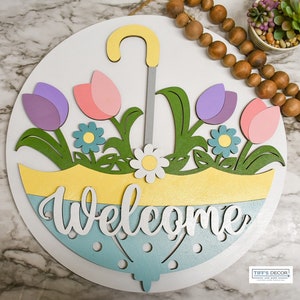 Welcome umbrella with tulip sign,Spring door sign,Spring decoration,Spring Welcome sign with flowers,Spring umbrella with flowers welcome