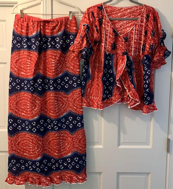 Vintage Outfit Maxi Skirt Short Sleeve Top Women's S/M Red White