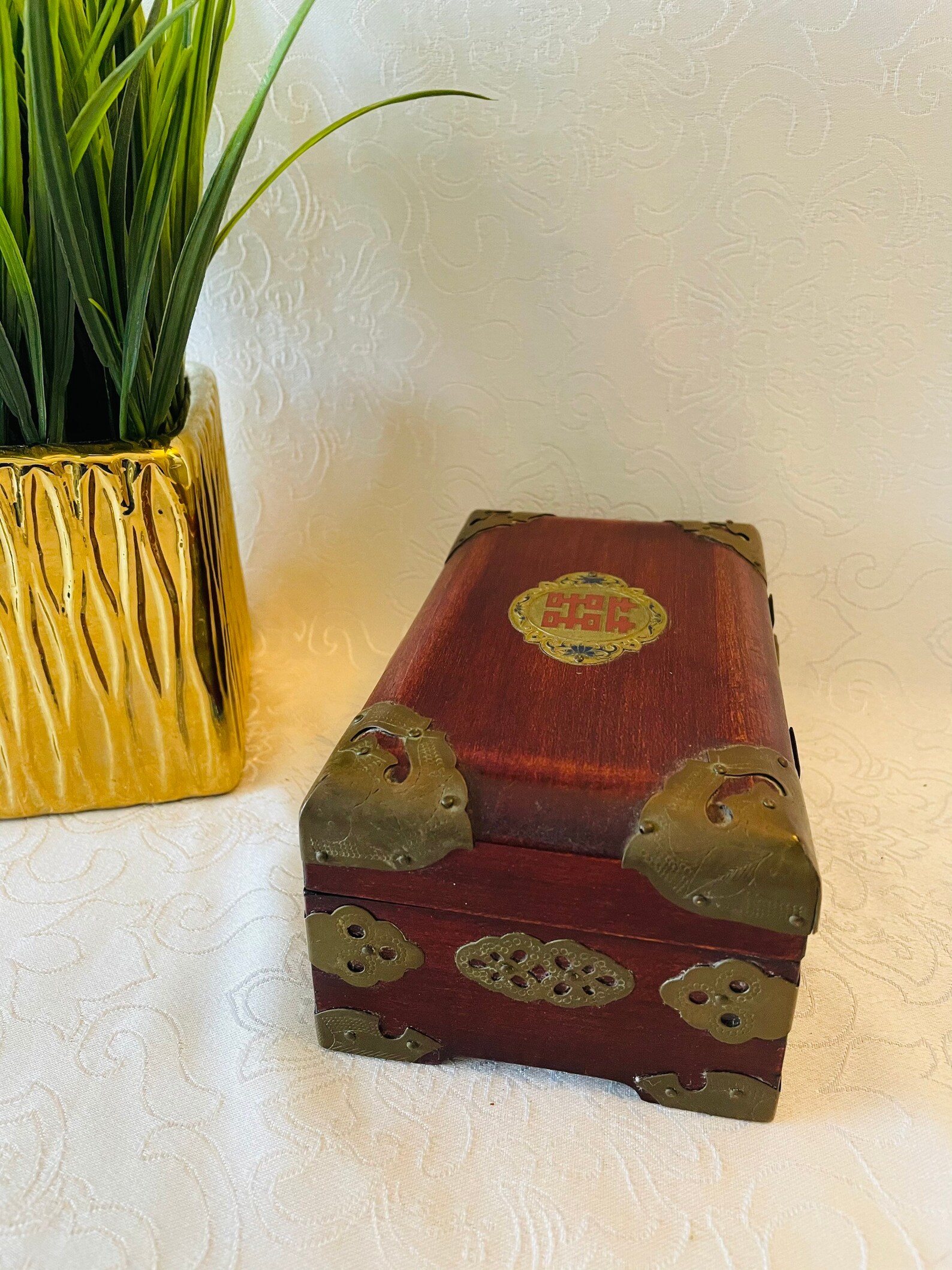 Vintage Chinese Rosewood Jewellery Box Craved Jade Brass Etsy